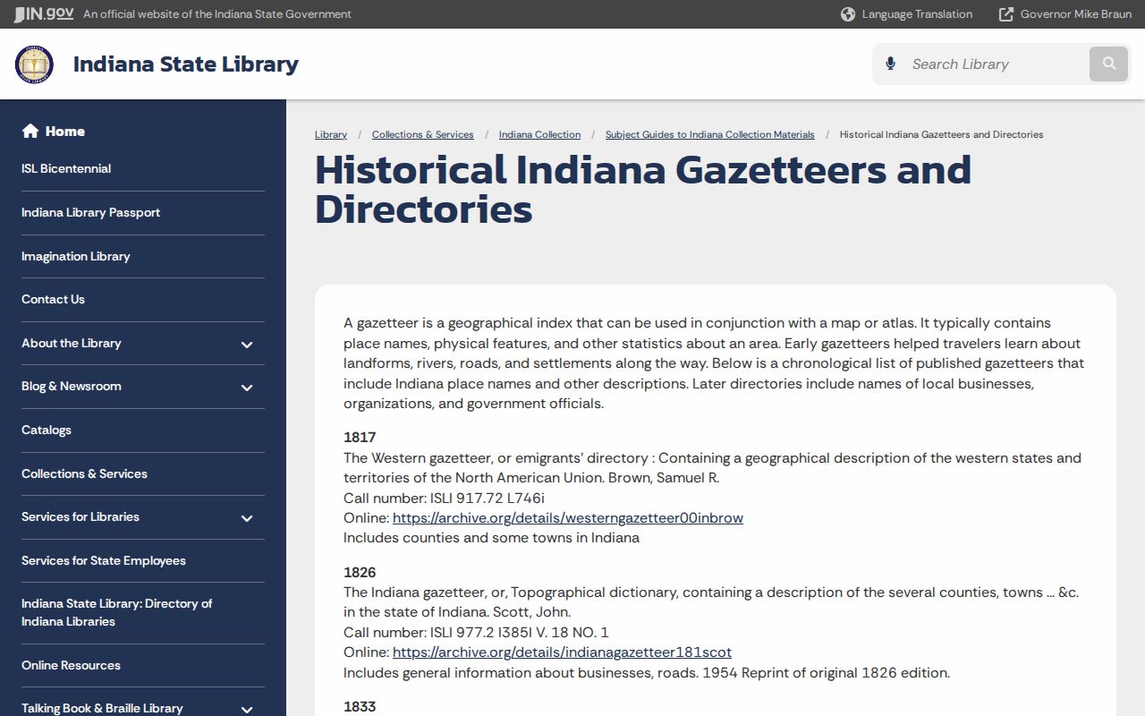Indiana State Library historical gazetteers and directories collection page