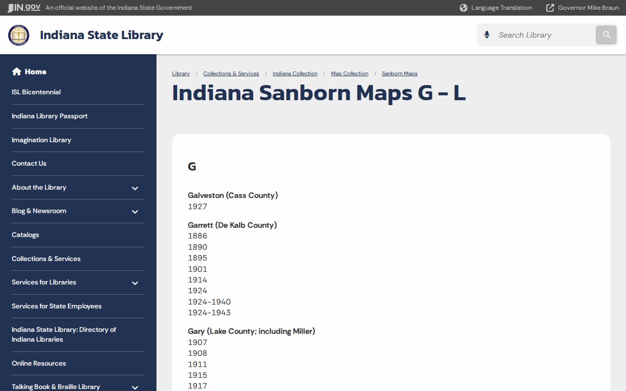 Indiana State Library Sanborn map index listing historical Greenfield map years