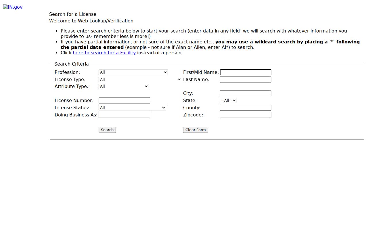 Greenfield resident lookup using Indiana professional license verification